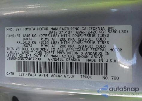 2007 Toyota Tacoma Access Cab из США, поврежденный, VIN 5TEUU42N67Z467200